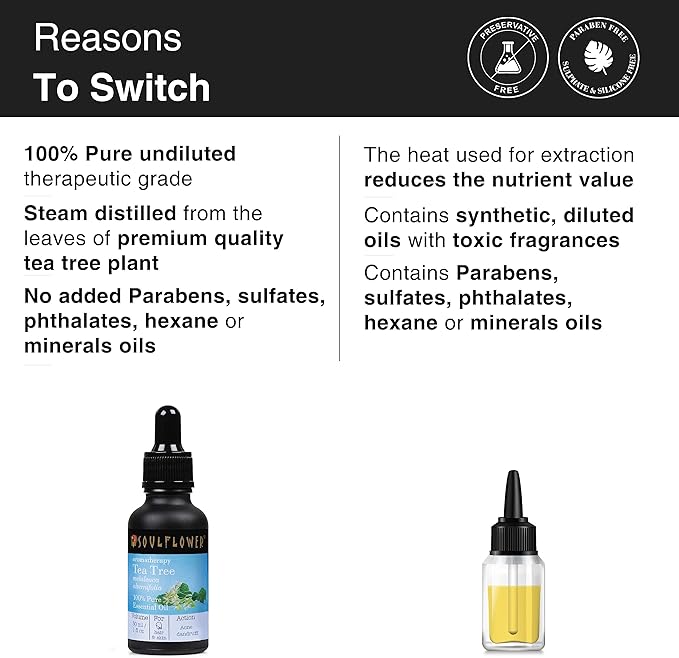 Soulflower Organic Tea Tree Essential Oil for Oily Skin & Itchy Scalp - Melaleuca Alternifolia - 100% Pure, Natural, Vegan, Cruelty Free, Aromatherapy, Diffusion, 30ml / 1 fl oz