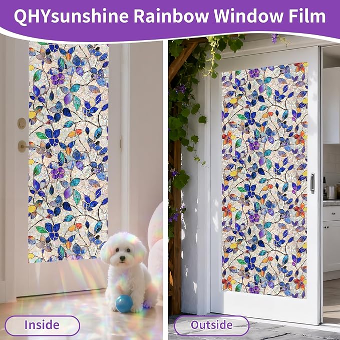 Stained Glass Window Privacy Film Decorative Rainbow Static Clings – Ideal for Home & Office, Adhesive-Free, Removable, UV-Blocking (Purple Rainbow, 23.6 X 78.7 in)