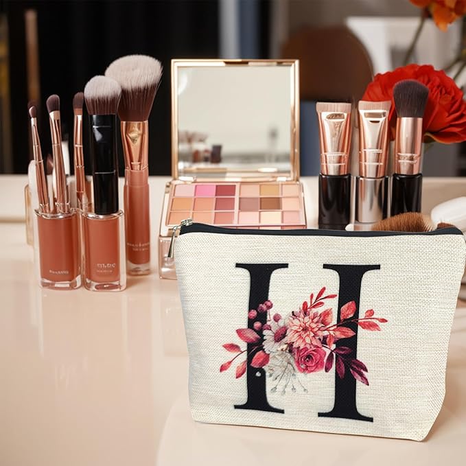 Initial A-Z Personalized Floral Makeup Bag, Monogrammed Birthday Gifts for Women Mom, Mothers Day Christmas Gift Ideas for Best Friend, Bride Bridesmaid, Her, Grandma, Small Travel Cosmetic Bag (H)