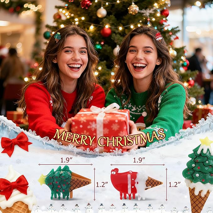 Original Italian Designed Mini Christmas Hair Claw Clips for Women, Strong Grip Plant-Based Acetate Hair Clips for Girls, Cute Christmas Tree Santa Ice Cream Hair Accessories With Gift Box 2pcs