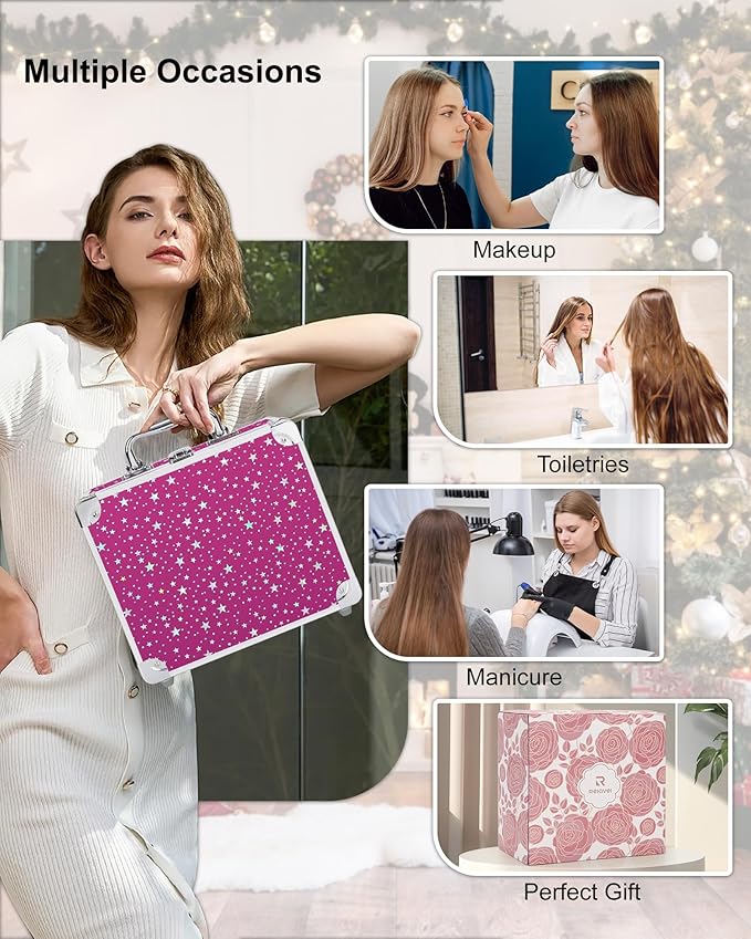 Relavel Makeup Bag with LED Mirror, Makeup Box Travel Train Case with Rechargeable Lighted Mirror, Cosmetic Brush Organizer Storage for Makeup Artists Gifts for Women and Girls, Hot Pink Shining Star