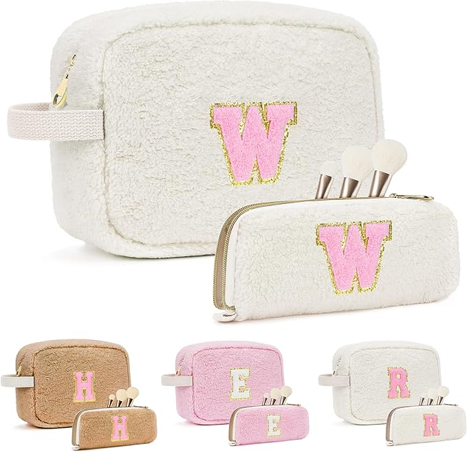 for Christmas Day Gifts, Travel Makeup Bag for Women, Initial Make Up Bag Set for 6 7 8 9 10 11 12 13 Years Old Kids Tween Girls, Large Cosmetic Skincare Bags for Birthday Gifts, White W