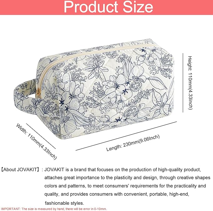 JOVAKIT Travel Makeup Bag Cosmetic Bag for Women, Christmas Gifts, Small Floral Flowers Coquette Toiletry Bag with Handle, Zipper Make Up Pouch Organizer Bag Trendy Stuff (Navy Blue Flower)