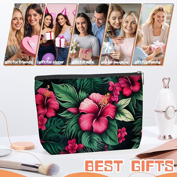Makeup Bag Travel Cosmetic Bags Small Makeup Case Waterproof Zipper Pouch for Women Girls 7X9inches - Bold Hibiscus Flowers with Green Foliage