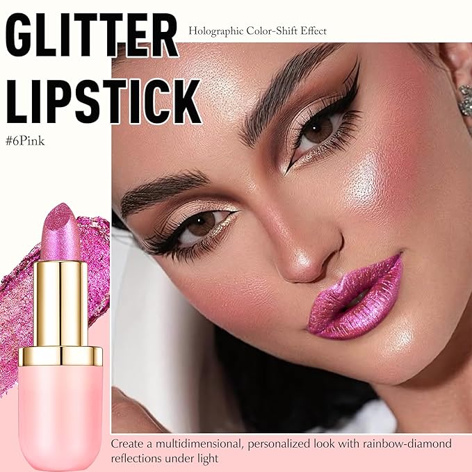 Glitter Lipstick Makeup, Holographic Metallic Pink Lip Stick Long Lasting Lightweight Non-Sticky Hydrating Lip Tinted Full Coverage Sparkling Shimmer Lipstick for Women