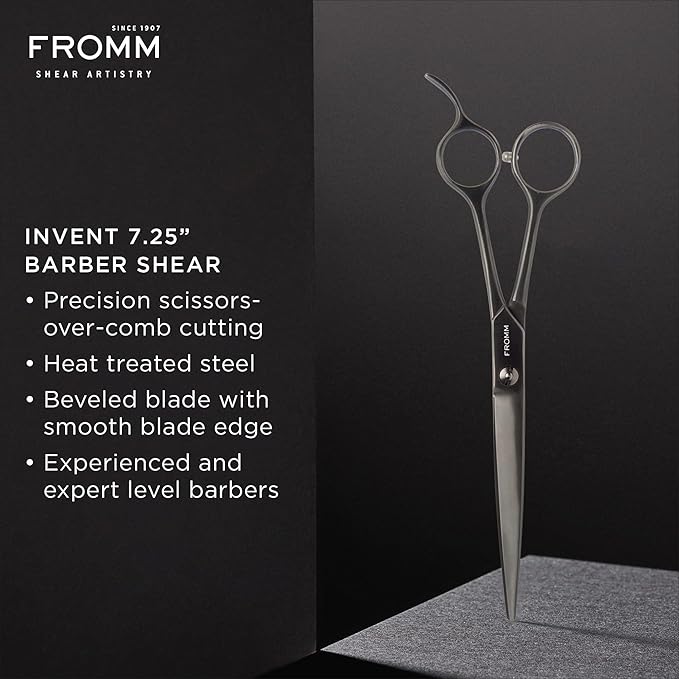 Fromm Invent 7.25" Barber Shears for Over-Comb Cutting, Gunmetal Heat Treated Steel with Beveled Blade and Smooth Edge