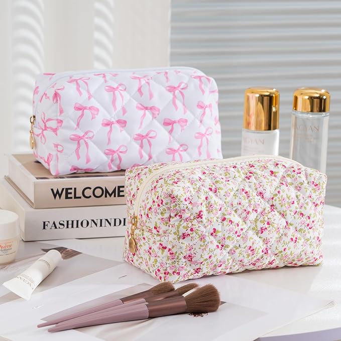 Makeup Bag Travel Toiletry Bag for Women, Small Cosmetic Bags Cute Quilted Cotton Makeup Pouch for Purse Emergency Bag for School Floral Pencil Case Accessory Bag, Spring