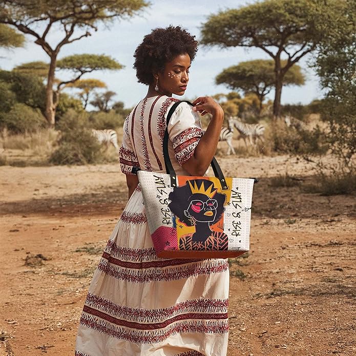 African Black Women's Leather Tote Bag, Large, Premium Vegan Leather, Full Zip, Perfect Christmas Gifts For Women