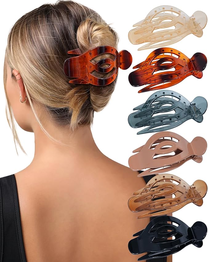 AWAYTR 6Pcs Upgrade Large Flat Hair Claw Clips for Women Girls, 5" Non-slip Duckbill Hair Clips for Long, Thick, Thin Hair, Comfortable for Driving & Lying Down (Glossy (Mix))