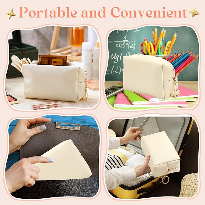 Chunful 24 Pcs Preppy Makeup Bag PU Leather Cosmetic Bag Bulk Makeup Plain Pouch Waterproof Toiletry Purse for Women Traveling Preppy Pencil Case Travel Purse Cosmetic(Beige)