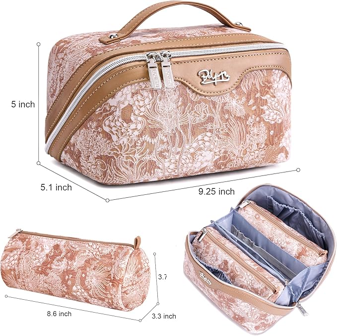 BOYATU Travel Makeup Bag for Women: Large Capacity Make up Bag with Compartments - Vegan Leather Cosmetic Bag set of 3 - Waterproof Toiletry Bag with Handle & Divider(E-5-Orange)