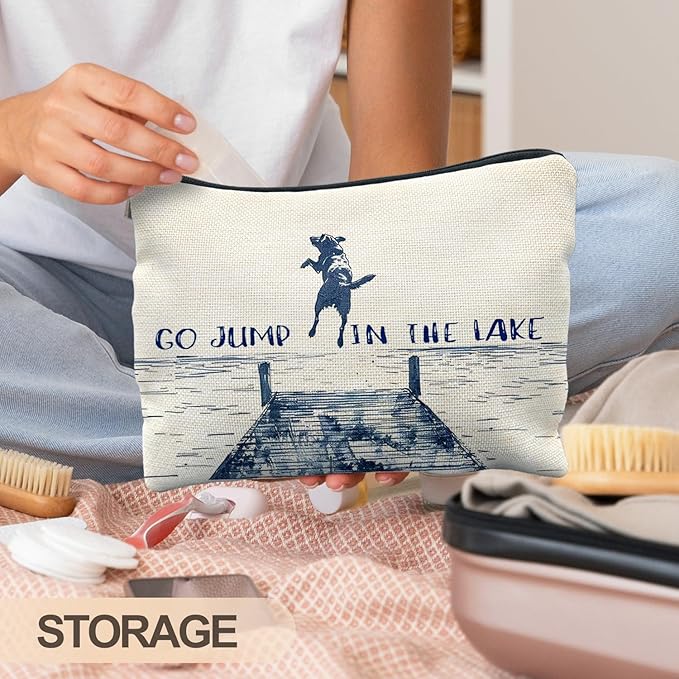 Funny Dog Makeup Bag, Dog Mom Lovers Gifts Cosmetic Bags for Women, Gifts for Lake Lovers, Go Jump in the Lake Funny Dogs Zipper Makeup Pouch