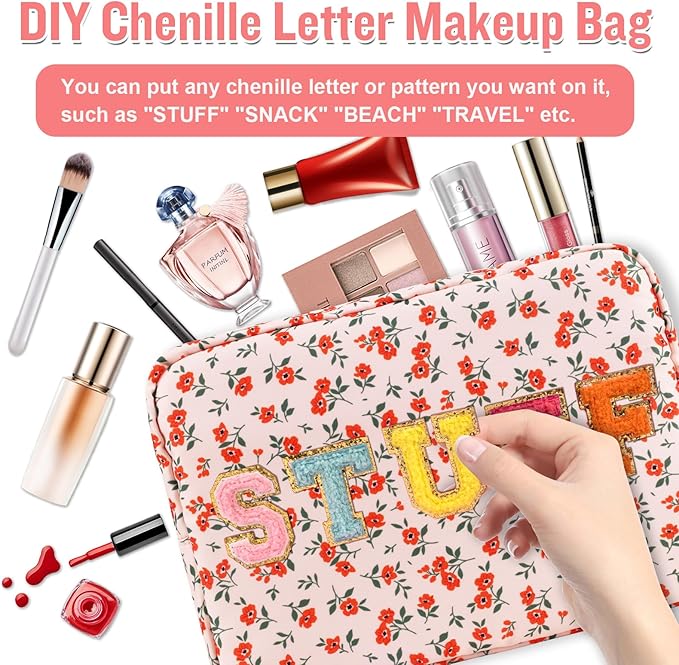 Nylon Large Floral Makeup Organizer Bag, Preppy Big Cute Flower Cosmetic Zipper Pouch Multi-compartment with Dividers, Waterproof Toiletry Make Up Brushes Bag Travel Essentials for Women(Pink-Floral)
