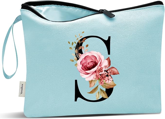 Vavabox A-Z Personalized Makeup Bag, Birthday Gifts for Women Mom, Gifts for Best Friend, Bride Bridesmaid Cosmetic bag (S, Green)