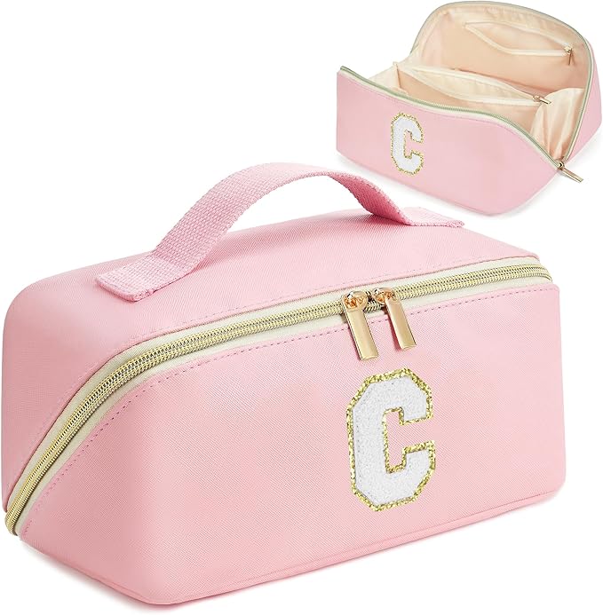 for Christmas Day Gifts, Makeup Bag for Women, PU Leather Travel Toiletry Bags, Initial Make Up Cosmetic Pouch for Teen Girls, Wide Open Portable Skincare Bag, Personalized Birthday Gifts, Pink C
