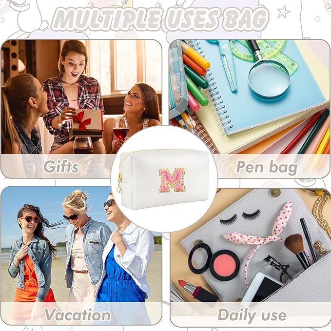 Initial Makeup Bag Personalized Preppy Travel Small Cosmetic Bag Cute PU White Chenille Letter Makeup Pouch for Purse Waterproof Zippered Toiletry Organizer for Women Girl Kid Friends (M)