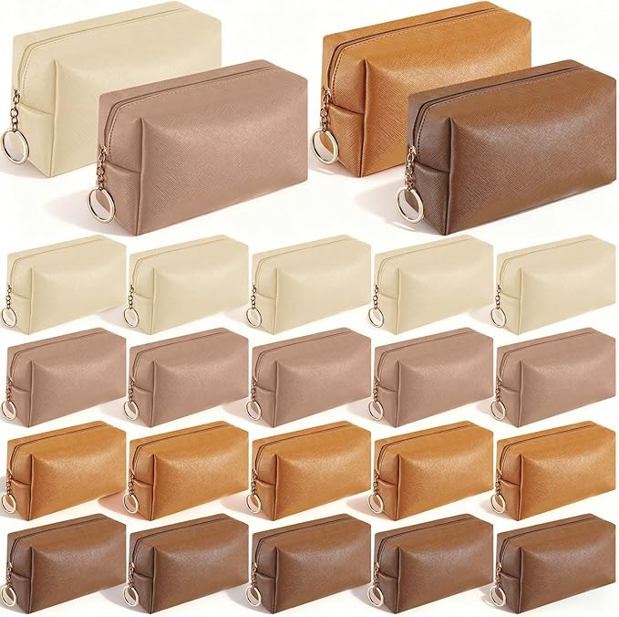 Chunful 24 Pcs Preppy Makeup Bag PU Leather Cosmetic Bag Bulk Makeup Plain Pouch Waterproof Toiletry Purse for Women Traveling Preppy Pencil Case Travel Purse Cosmetic (Brown Series)