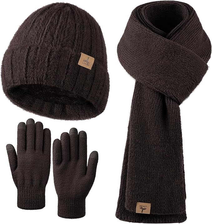 Winter Beanie Hat Scarf Gloves, Warm Fleece Knit Hat Long Scarf Neck Warmer Touch Screen Winter Gloves Set Gifts for Women