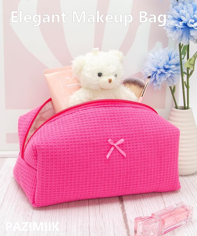 PAZIMIIK 2PCS Cozy Makeup Bag Travel Cosmetic Bag for Women Soft Toiletry Bag Aesthetic Makeup Organizer Portable Large Zipper Pouch for Skincare Beauty Accessories Brushes Waffle Hotpink