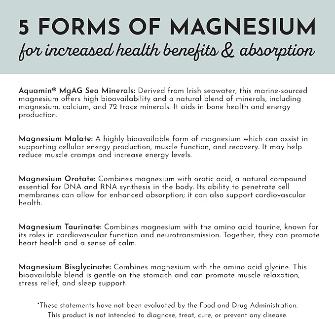 Magnesium Complex – 60‑Capsule Five Bioavailable Magnesium Forms (Aquamin® Sea Minerals, Malate, Orotate, Taurate, Bisglycinate) – Supports Relaxation, Sleep, Mood, Heart & Nervous System