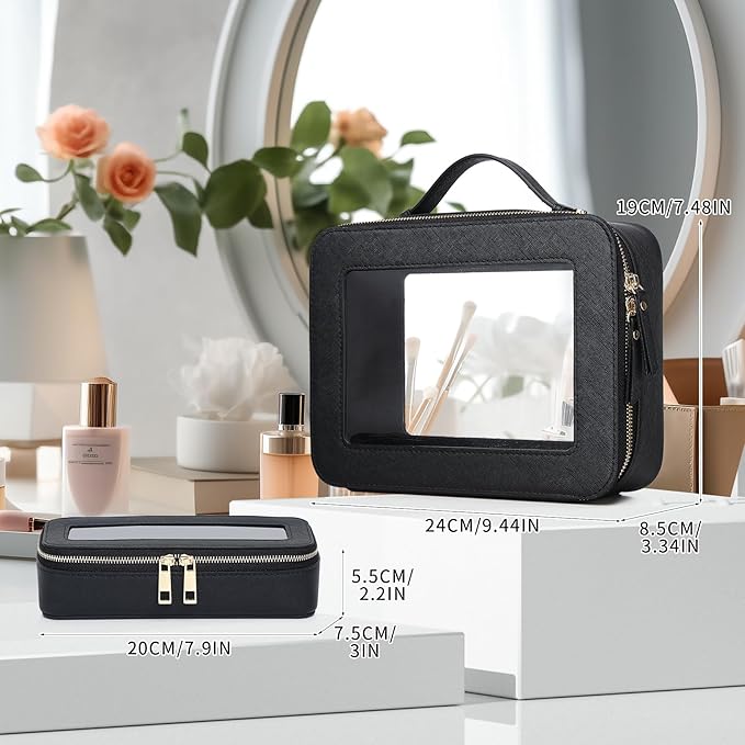 Pinkmik Clear Makeup Bag with Brush Bag 2pcs Waterproof Travel Case for Cosmetics and Toiletries Women's Cosmetic Organizer with Zipper (Black, L+SLIM)