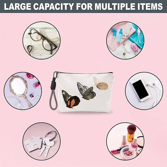 Make Up Bag For Woman, Cosmetic Bag With Hand Strap - Vintage Butterflies - Lined Toiletry Bag - Retro Theme Pouch, Butterfly Organizer With Zipper, Women Essentials & Accessories - B04