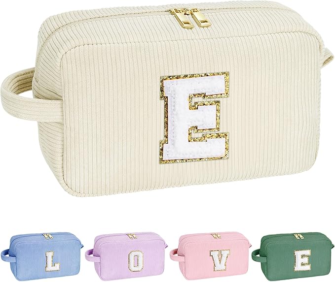 YOOLIFE Travel Makeup Bag for Women - Initial Letter White Small Cute Brush Pouch - Bridesmaid Gift for Best Friend Birthday - Letter E