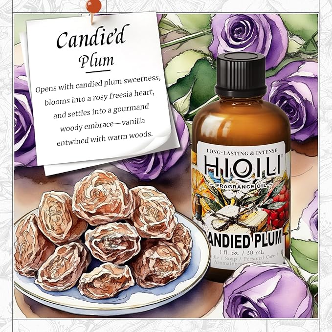 HIQILI Candied Plum Fragrance Oil for Diffuser, Candle & Soap Making, Personal Care Scenting, Gourmand Notes, Long-Lasting Scent - 1 Fl Oz