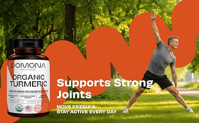 Pomona Wellness Organic Turmeric Supplement 2100 mg, USDA Organic, Non-GMO, Vegan, Turmeric Curcumin with Black Pepper for Absorption, for Joint Support and Immunity, 90 Tablets