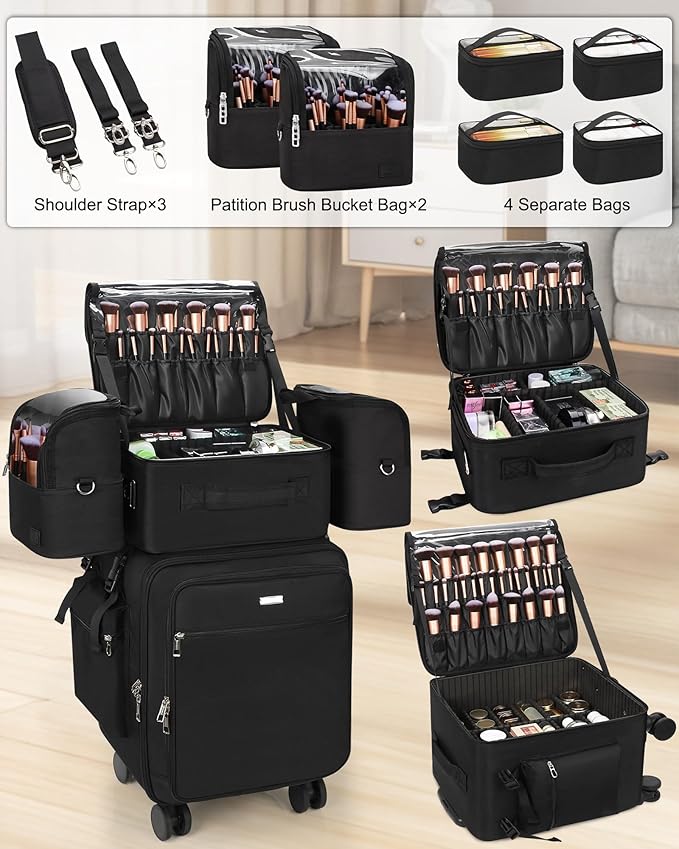 Relavel Rolling Makeup Case–Professional Makeup Train Case,Makeup Artist Travel Bag with Wheels,8-in-1 Portable Travel Beauty Trolley Case for Cosmetology Storage(Black)