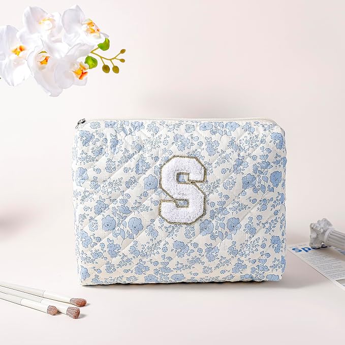 JOVAKIT Alphabet Makeup Bag Cosmetic Bag for Women, Christmas Gifts for Girls Age 6-18, Floral Flowers Coquette Travel Toiletry Zipper Make Up Pouch Organizer Trendy Stuff (2Pcs Blue Floral S)