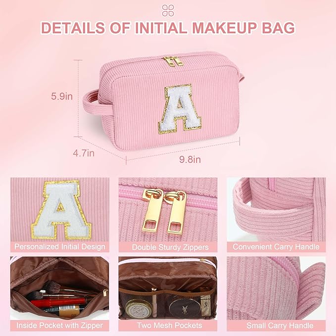YOOLIFE Makeup Bag for Teen Girls - Cute Travel Makeup Bags Skincare Bag Corduroy Cosmetic Bag Personalized Gifts for Women Her Mom Daughter Sister Birthday Gifts for Women Girls Her Gifts Letter T
