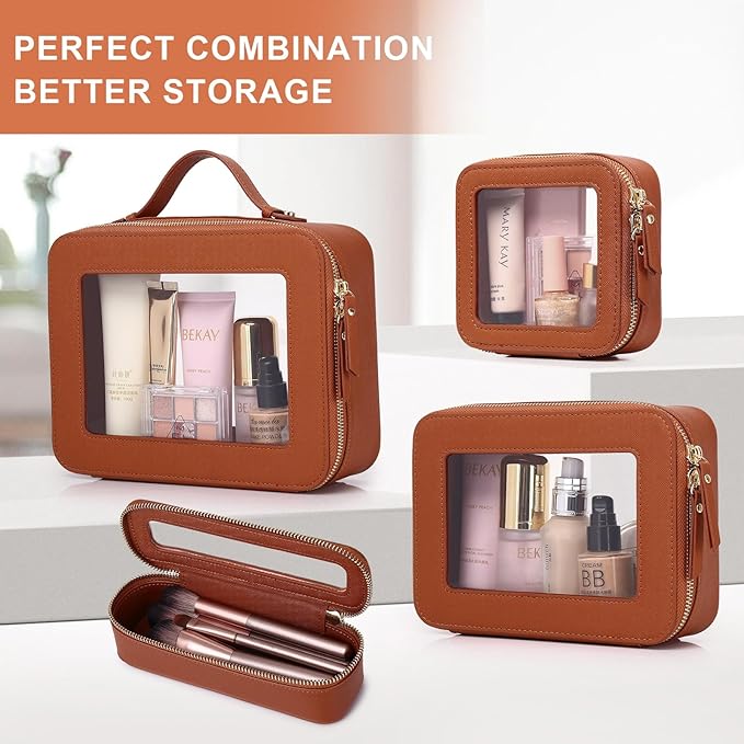 Pinkmik Travel Clear Makeup Bag with Brush Case TSA Approved Toiletry Bag Waterproof Cosmetic Organizer with Zipper Car Essential for Women (X/Brown, M+SLIM)