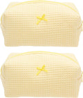 PAZIMIIK 2PCS Cozy Makeup Bag Travel Cosmetic Bag for Women Soft Toiletry Bag Aesthetic Makeup Organizer Portable Large Zipper Pouch for Skincare Beauty Accessories Brushes Waffle Check Yellow