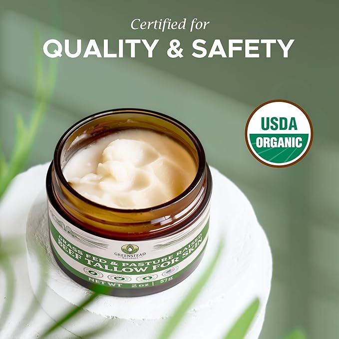 Organic Beef Tallow for Skin – USDA-certified Whipped Tallow Balm for Skin Face and Body with Jojoba Oil and Cocoa Butter – Unscented and Herb-Infused – 2 oz.