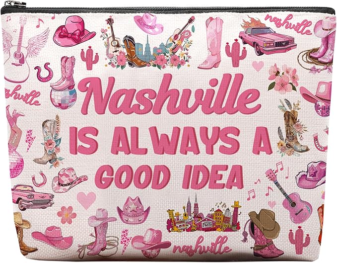 Nashville Travel Gifts Makeup Bag, Nashville Lover Accessories Souvenirs, Country Music Gifts for Traveller Women Friends, Birthday Bachelorette Party Favors Women Trip Cosmetic Bag Pouch