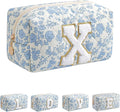 JOVAKIT Alphabet Makeup Bag Cosmetic Bag for Women, Christmas Gifts for Girls Age 6-18, Floral Flowers Coquette Travel Toiletry Zipper Make Up Pouch Organizer Trendy Stuff (Blue Floral X)