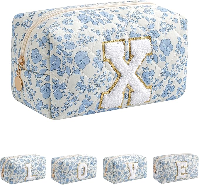JOVAKIT Alphabet Makeup Bag Cosmetic Bag for Women, Christmas Gifts for Girls Age 6-18, Floral Flowers Coquette Travel Toiletry Zipper Make Up Pouch Organizer Trendy Stuff (Blue Floral X)