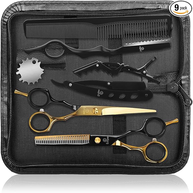 Hair Cutting Scissors Kit - 9 PCS Professional Haircut Scissors Set with Stainless Steel Straight and Thinning Shears for Home, Salon, and Barber Use (Black & Gold)
