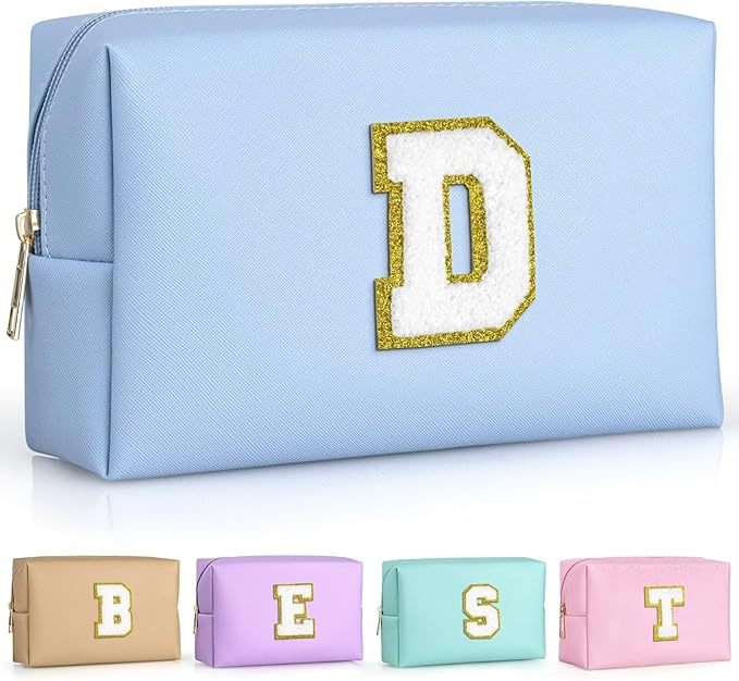 TOPEAST Preppy Small Makeup Bag, Chenille Letter Pouch Cosmetic Bag With Zipper, PU Leather Waterproof Toiletry Bag, Personalized Birthday Gift for Women, Cute Stuff for Girls (Sky Blue D)