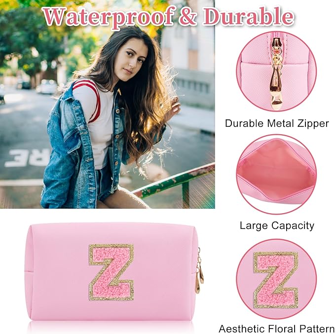 Personalized Initial Letter Patch Makeup Bag, Preppy Small Chenille Cosmetic Bag with Zipper, PU Leather Waterproof Travel Toiletry Bag Monogram Make Up Pouch for Women Girls