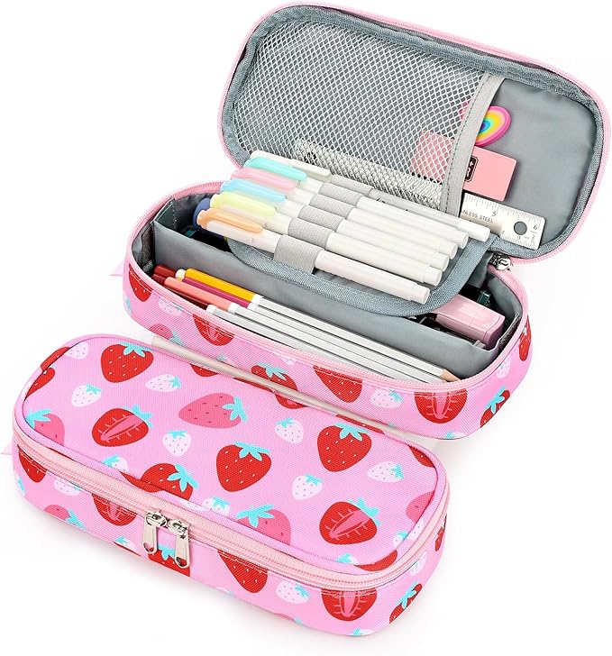 mibasies Girls Pencil Case for Kids, Multi-Slot Pencil Pouch, Assorted Strawberry Red
