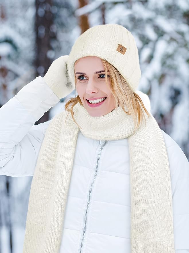 Winter Beanie Hat Scarf Gloves, Warm Fleece Knit Hat Long Scarf Neck Warmer Touch Screen Winter Gloves Set Gifts for Women
