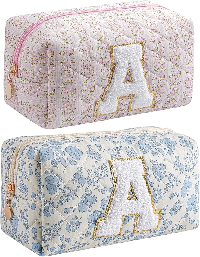 JOVAKIT Makeup Bag Cosmetic Bags for Women, Christmas Gifts for Girls Age 6-18, Alphabet Pink Floral Coquette Zipper Travel Makeup Pouch, Organizer Case Trendy Stuff (Pink+ Blue A)