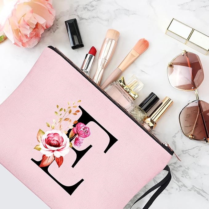 Vavabox A-Z Personalized Makeup Bag, Birthday Gifts for Women Mom, Gifts for Best Friend, Bride Bridesmaid Cosmetic bag (E, Pink)