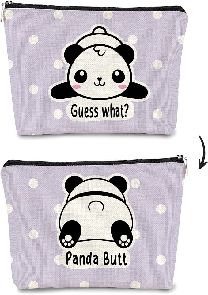Panda Gifts Purple Makeup Bag,Gifts for Panda Lover Wonmen Girls,Cute Baby Panda Guess What It's Pug Butt Cosmetic Bag,Makeup Case for Teen Girls Daughter, Panda Accessories(Purple Dots)