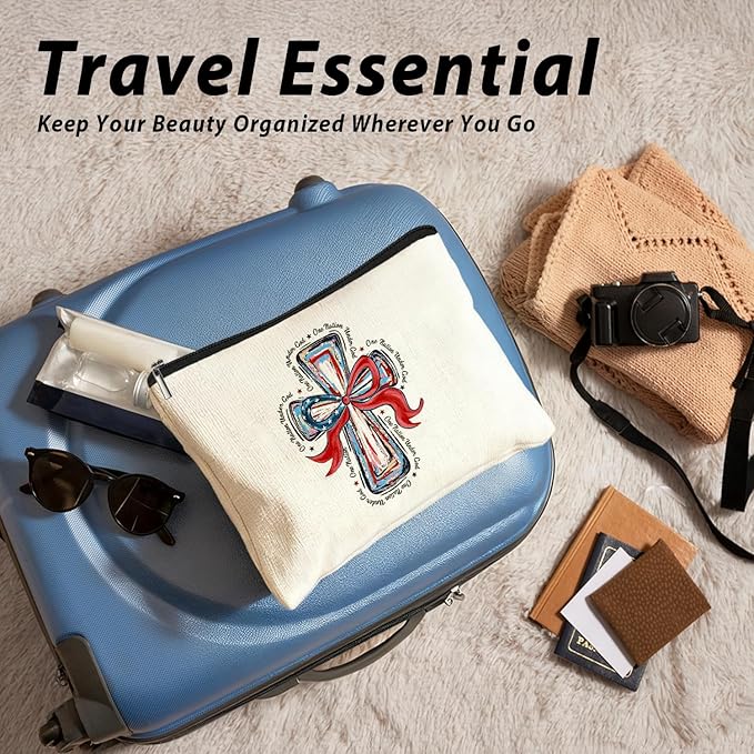 American Flag Bow Patriotic Aesthetic 4th of July Makeup Bag,July 4th Girly Cosmetic Bagsfor Women, Red White and Blue USA Toiletry Bag for Women, cosmetic bag, makeup case
