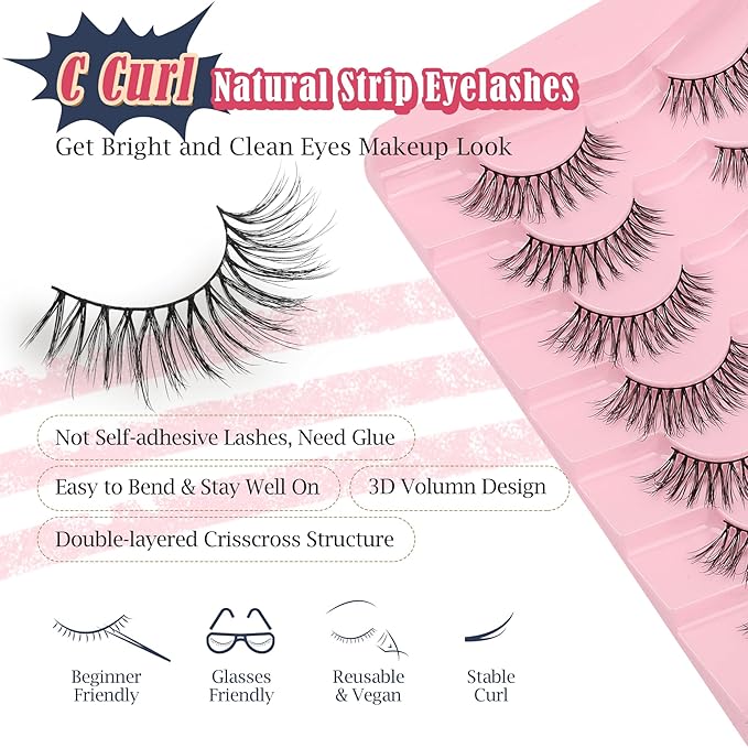 Eyelashes Natural 16mm Cat Eye Lashes Wispy C Curl Strip Lashes False Eyelashes Fluffy Eye Lash 3D Volume Wispy Eyelash Siligli Lash Pack 7 Pair
