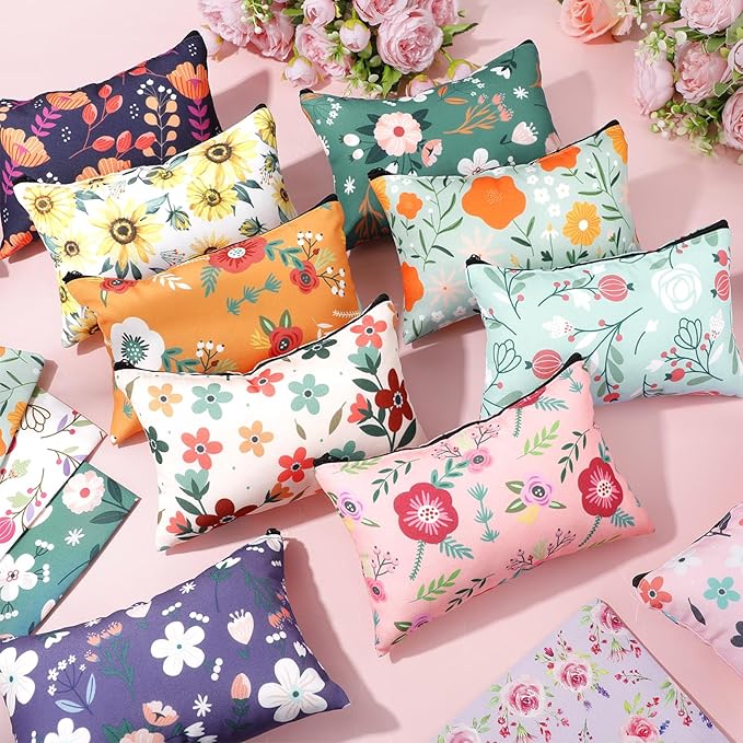 Hillban 36 Pcs Floral Makeup Bags for Women Flower Cosmetic Bag Inspirational Pencil Case with Zipper Travel Organizer Pouch for Wedding Bachelorette Party Christmas Gifts, 12 Styles