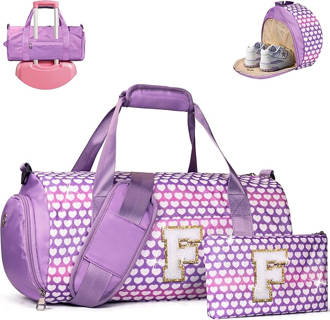 Christmas Gifts for Grandkids, Girls Travel Duffel Bag, Kids Initial Overnight Bags with Shoe Compartment, Personalized Gym Ballet Dance Bag with Makeup Pouch, Gift for Teenagers (Letter F)